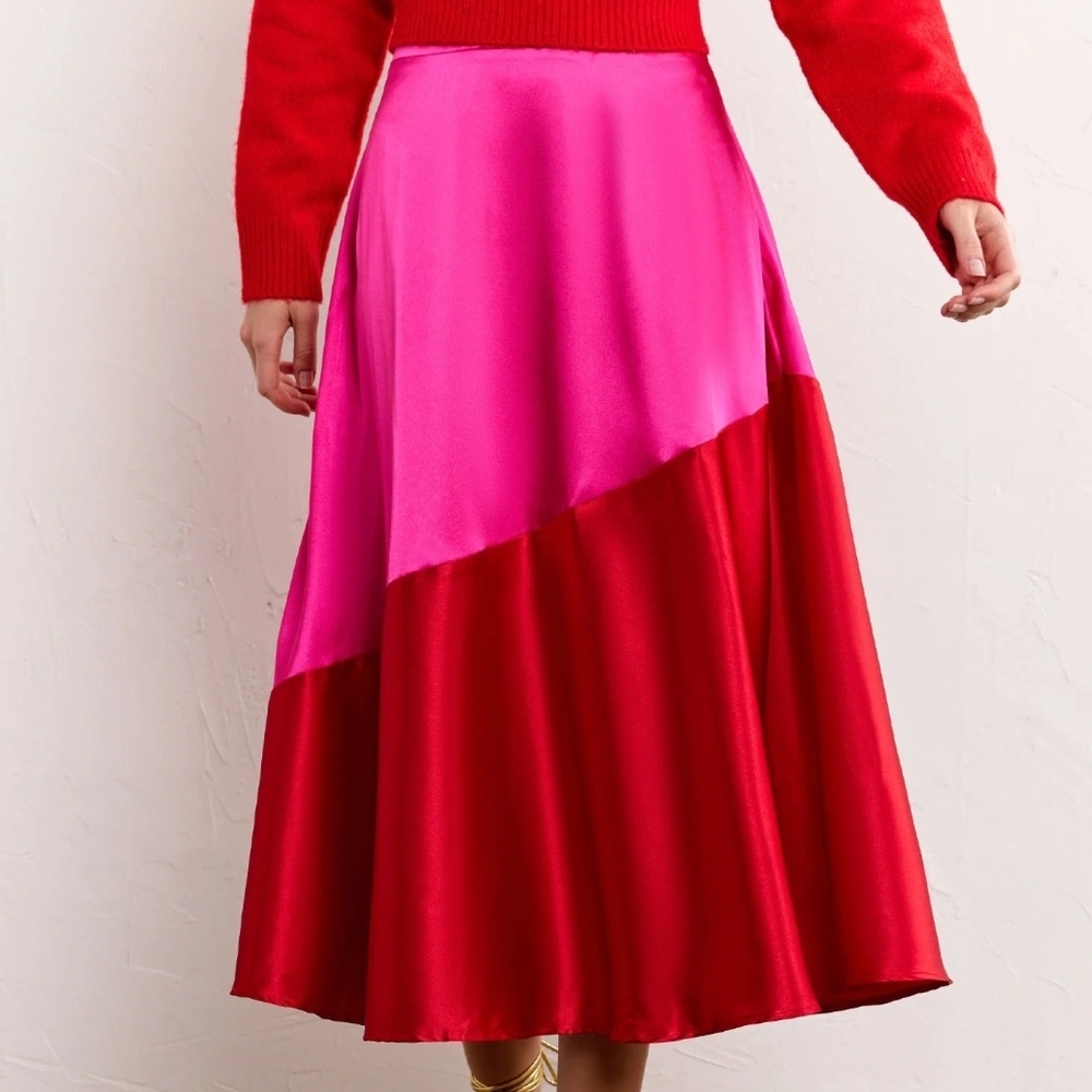 New York & Company Colorblock Asymmetrical Pink and Red Skirt 16 XL